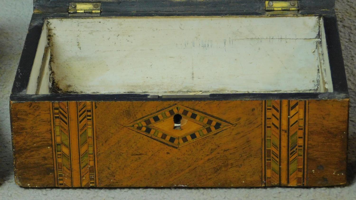 Two antique jewellery boxes, one antique walnut and satinwood inlaid with papered interior, the - Image 6 of 7