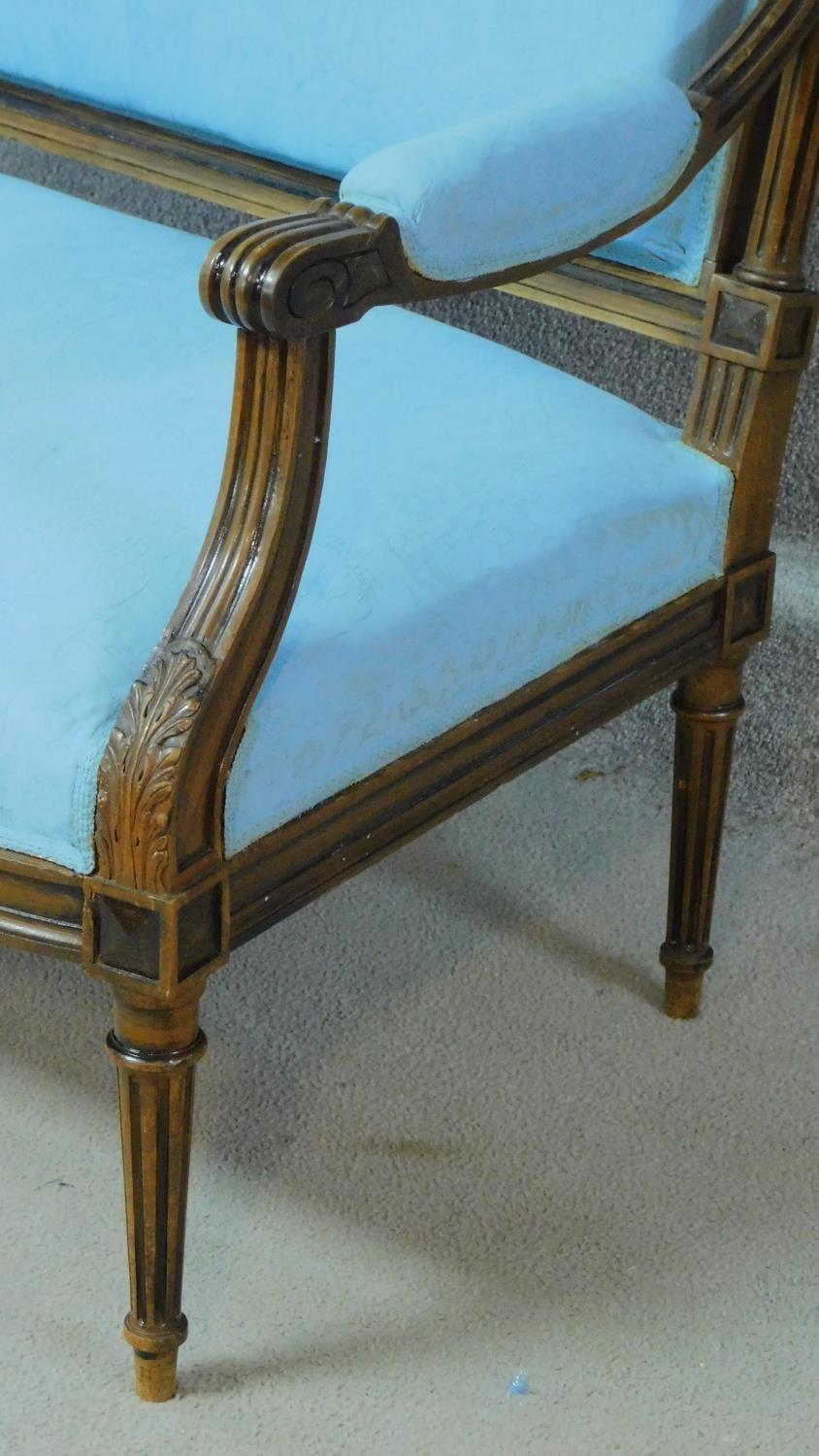 A 19th century French walnut canape in pale turquoise fabric painted upholstery. H.108 W.130 D.65cm - Image 3 of 4