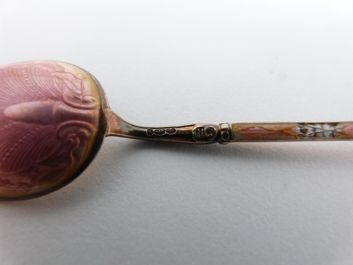 A collection of ten silver tea spoons. A set of four Norwegian gilded pink guilloche enamel coffee - Image 6 of 15