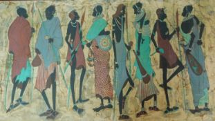 A large framed painting on silk, Tribesmen, signed. 145x84cm