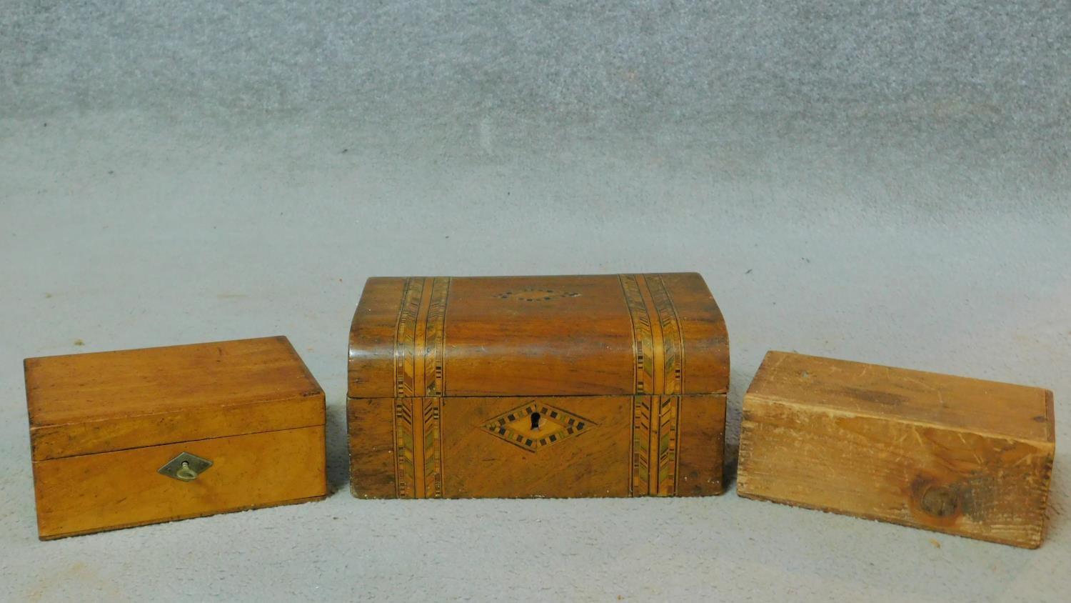 Two antique jewellery boxes, one antique walnut and satinwood inlaid with papered interior, the