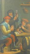 A 19th century oil on panel, three figures in a tavern, unsigned in decorative gilt frame. 43x38cm
