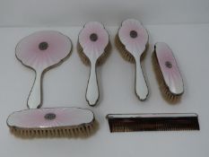 A vintage six piece fading pink to white engine turned decoration guilloché enamel and silver