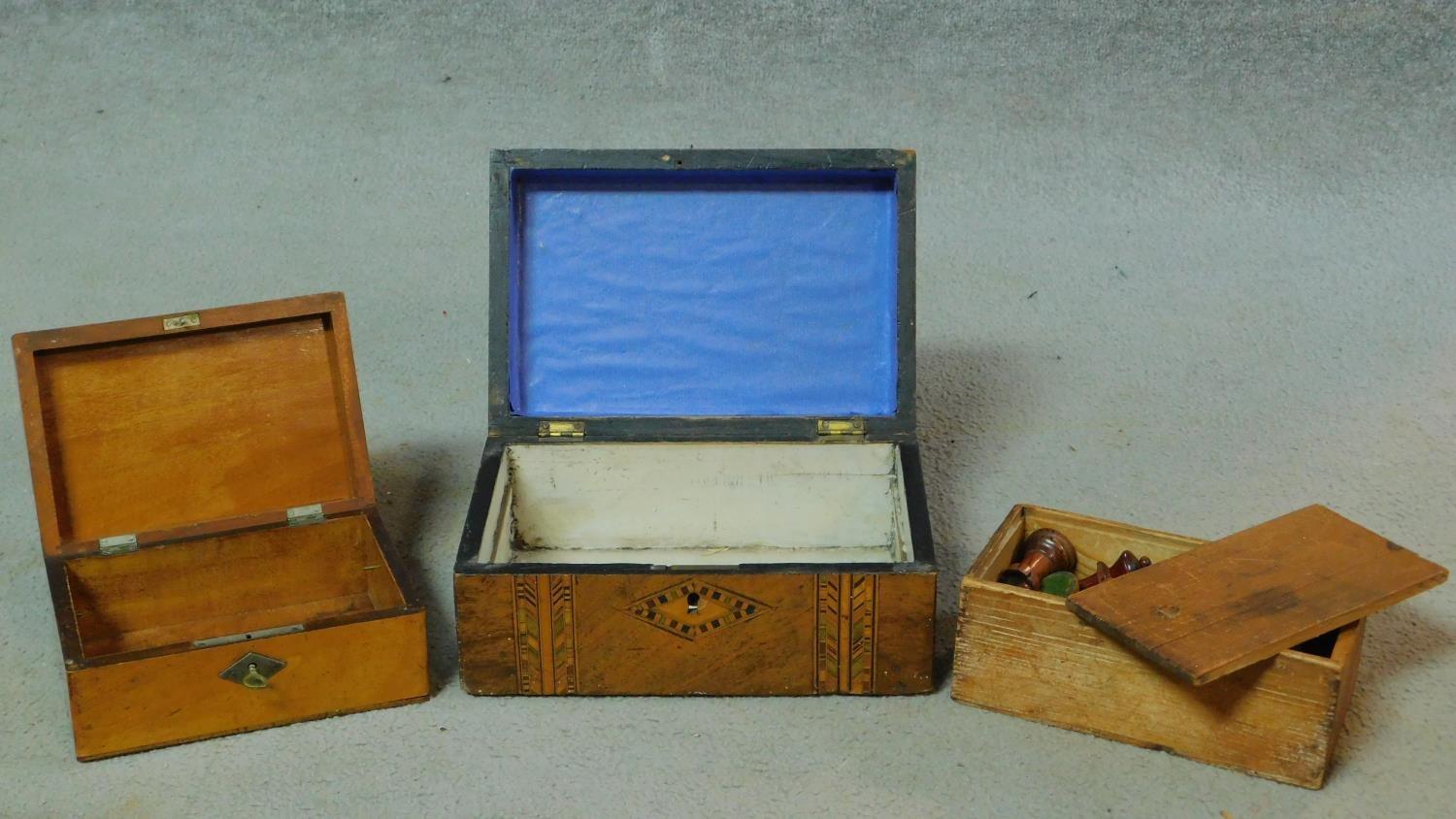 Two antique jewellery boxes, one antique walnut and satinwood inlaid with papered interior, the - Image 5 of 7