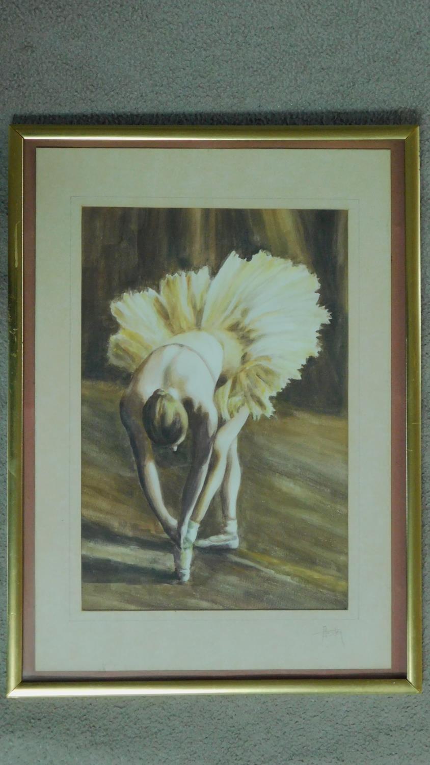 A framed and glazed watercolour, ballerina stretching, signed by Auster. 53x38cm - Image 2 of 3