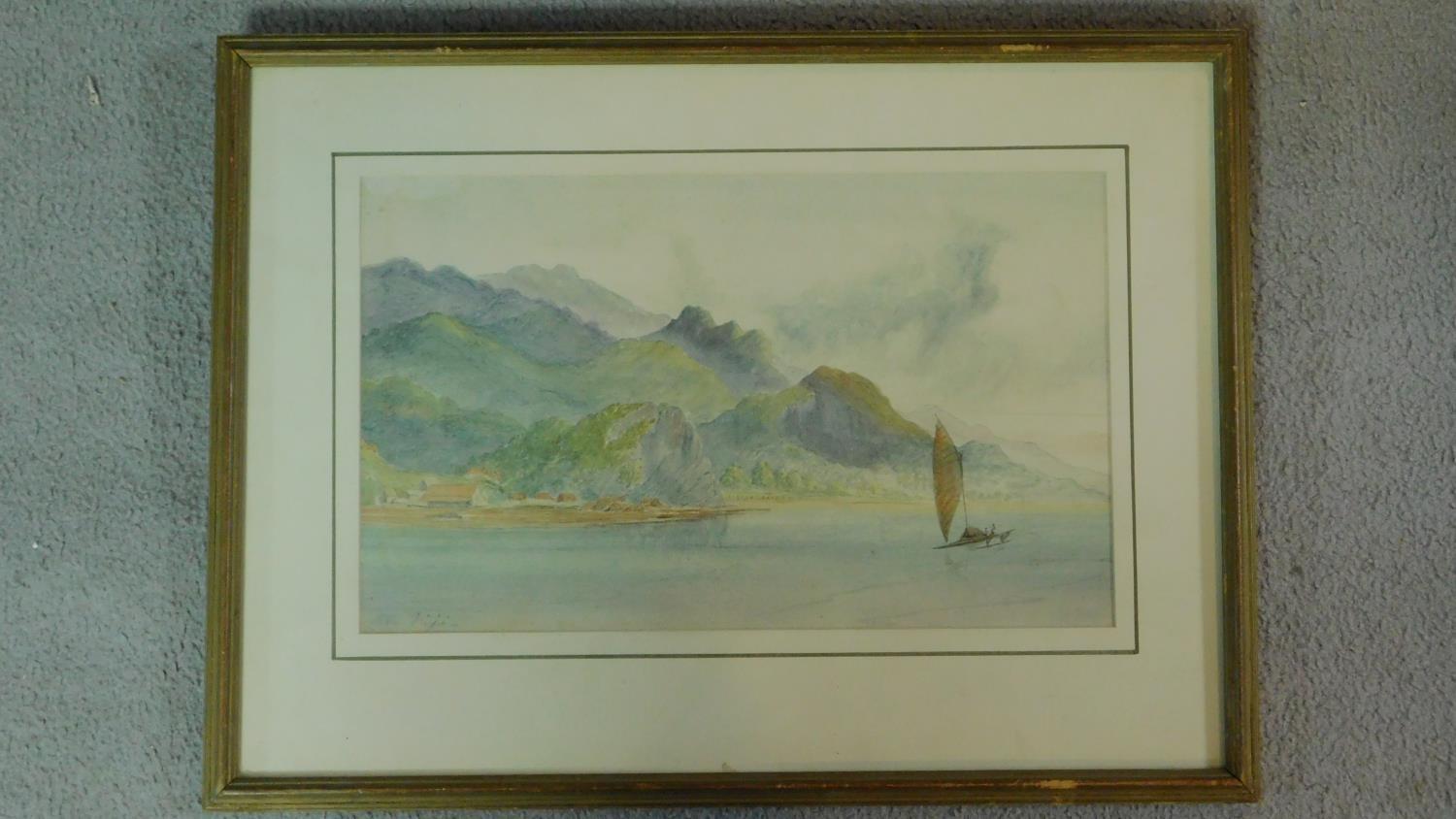 A framed and glazed watercolour, seascape with a small boat. Indistinctly signed. 48x35cm