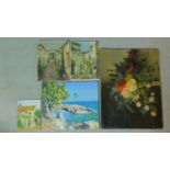 Four oils on canvas, still lifes and cityscapes together with an oil on board, village scene, four