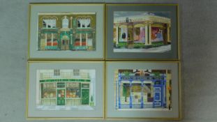 A set of four framed and glazed watercolours, shop fronts in London, signed by British artist Gale