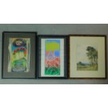 A framed and glazed mixed media, abstract, together with two framed and glazed watercolours, an