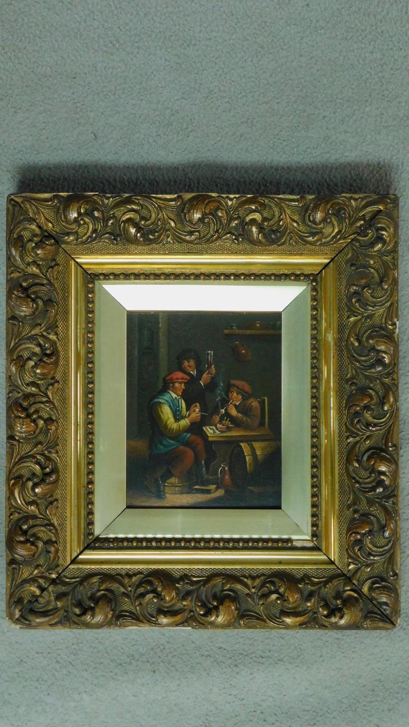 A 19th century oil on panel, three figures in a tavern, unsigned in decorative gilt frame. 43x38cm - Image 2 of 4