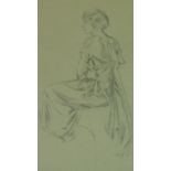 A framed and glazed pencil sketch of a seated woman, unsigned. 45x39cm