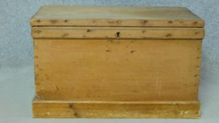 A 19th century pine trunk with hinged lid and side carrying handles. H.42 W.46 D.27cm (largest)