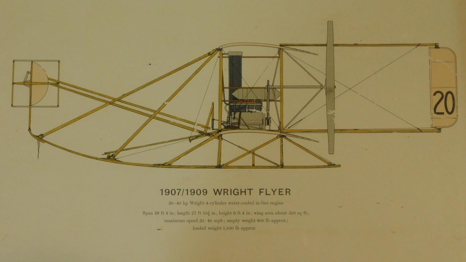 Three framed and glazed prints, boats by a port city, two ladies and 'Wright Flyer' schematics. - Image 5 of 6