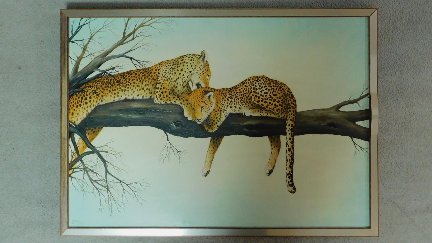 A framed acrylic on canvas by Paul Gasoir, a mother leopard and her cub grooming on a tree branch, - Image 2 of 4