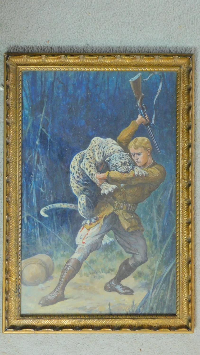 A gilt framed oil on board, man versus leopard, unsigned. 39x58cm - Image 2 of 4