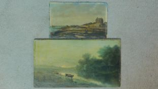 A 19th century unframed oil on board, cattle in a riverscape and another similar landscape.