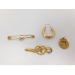 Two 9 ct gold brooches, a hoop earring and an Arabic circular pendant. One brooch set with turquoise