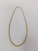A 9 carat yellow gold Rolo link chain, hallmarked 9 carat gold with seire C-clasp. 48 cm in