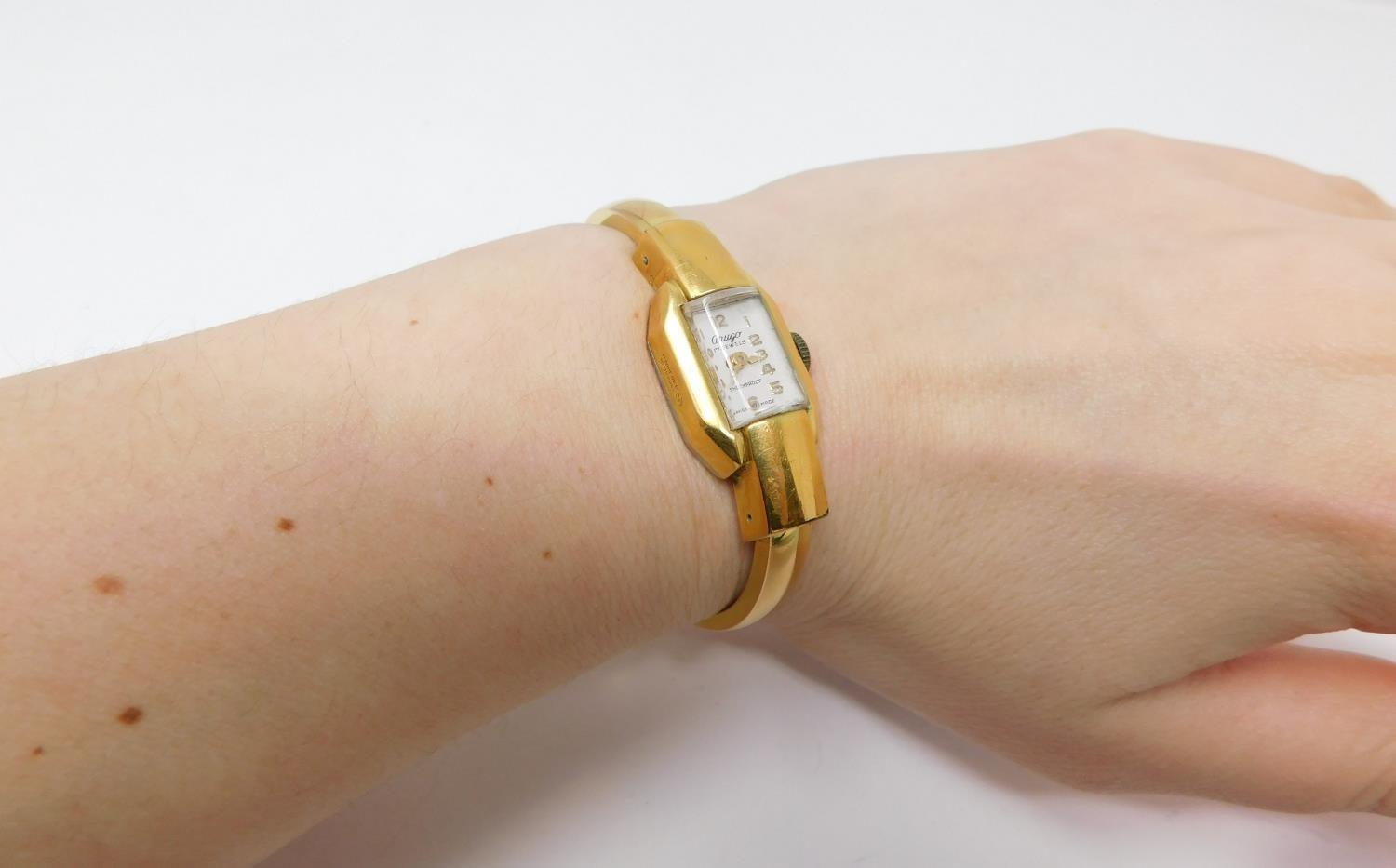 A gold plated vintage Arugo Swiss made ladies bangle watch. Diameter 4.8cm. - Image 2 of 7