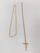 Two 9 carat yellow gold chains, the fine link one has a sculpted crucifix pendant, hallmarked 9