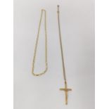 Two 9 carat yellow gold chains, the fine link one has a sculpted crucifix pendant, hallmarked 9