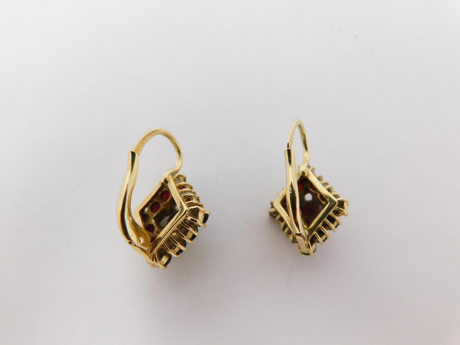 A pair of vintage 18 carat yellow gold and garnet diamond shaped earrings. Each set with thirteen - Image 2 of 9