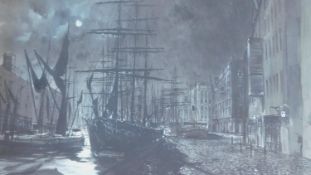 A large framed and glazed watercolour, docked tall masted ship under moonlight, by Peter Knox (