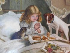 A framed oil on canvas, young girl saying grace at breakfast time while sitting up in bed, unsigned.