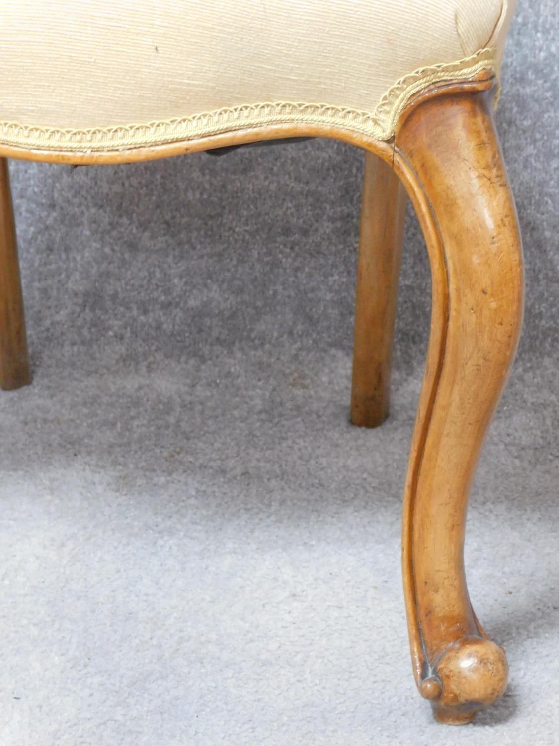 A pair of Victorian walnut balloon back dining chairs in damsk upholstery on cabriole supports. H. - Image 6 of 6