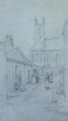 Robert Jobling (1841- circa 1925) A framed and glazed pencil sketch of a church in a village