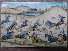 A framed and glazed Persian miniature gouache on panel of hunters on horseback hunting deer with