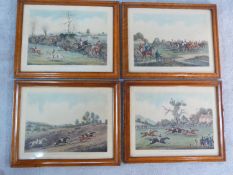 A set of four glazed prints in polished maple frames, early steeple chasing scenes. 45x57cm