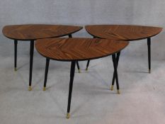 Three vintage style occasional tables with shaped faux zebra wood veneered tops on triple dansette