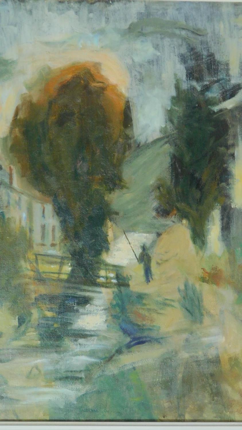 Harold Harris Jones (1908-1991) A framed oil on board, angler in a river landscape, signed. 74x64cm
