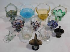 A miscellaneous collection of twelve Art Glass posy baskets. H.23cm