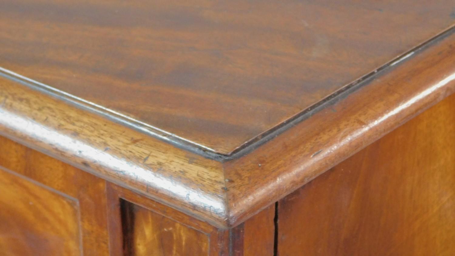 A Regency flame mahogany dwarf sideboard the sunken central section fitted with frieze drawer - Image 8 of 9