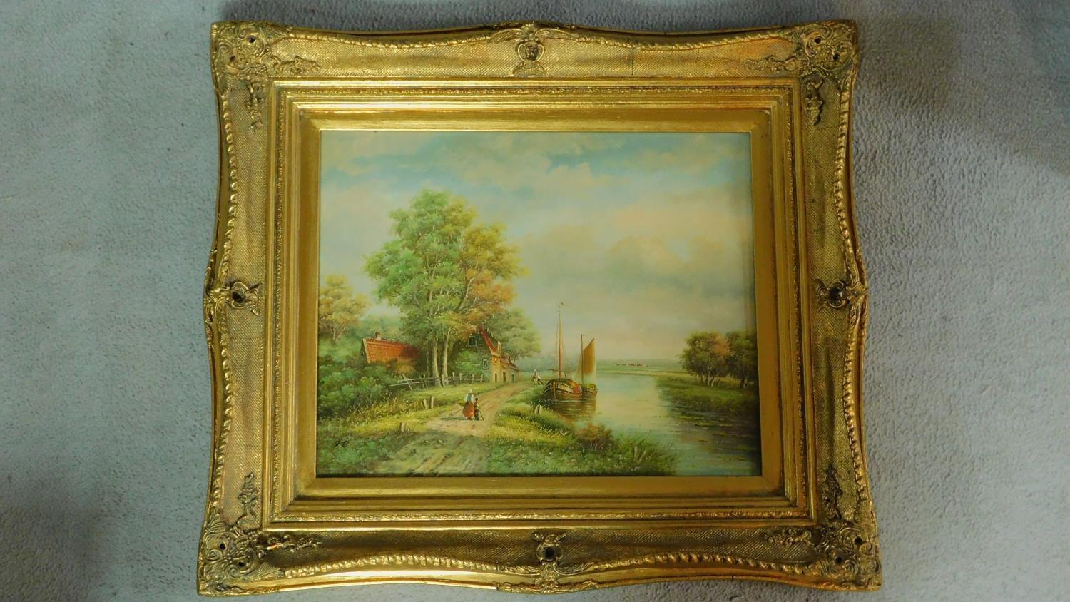 A gilt framed oil on board, figures on a path by a river, monogrammed R.T. 64x74cm - Image 2 of 6