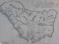 A framed and glazed topographic map of the island of Barbados. 57x70cm