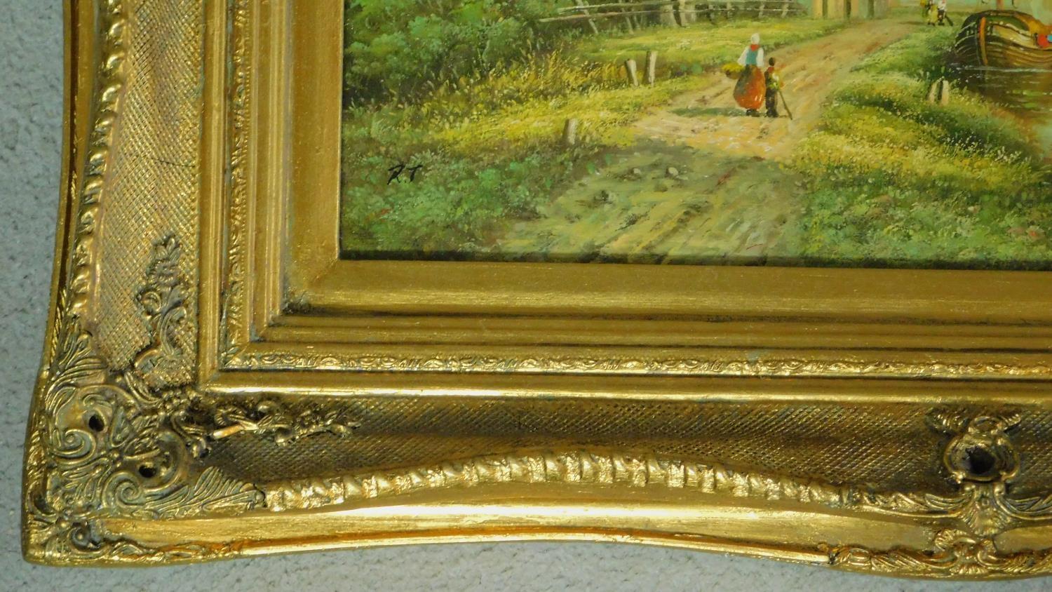 A gilt framed oil on board, figures on a path by a river, monogrammed R.T. 64x74cm - Image 3 of 6