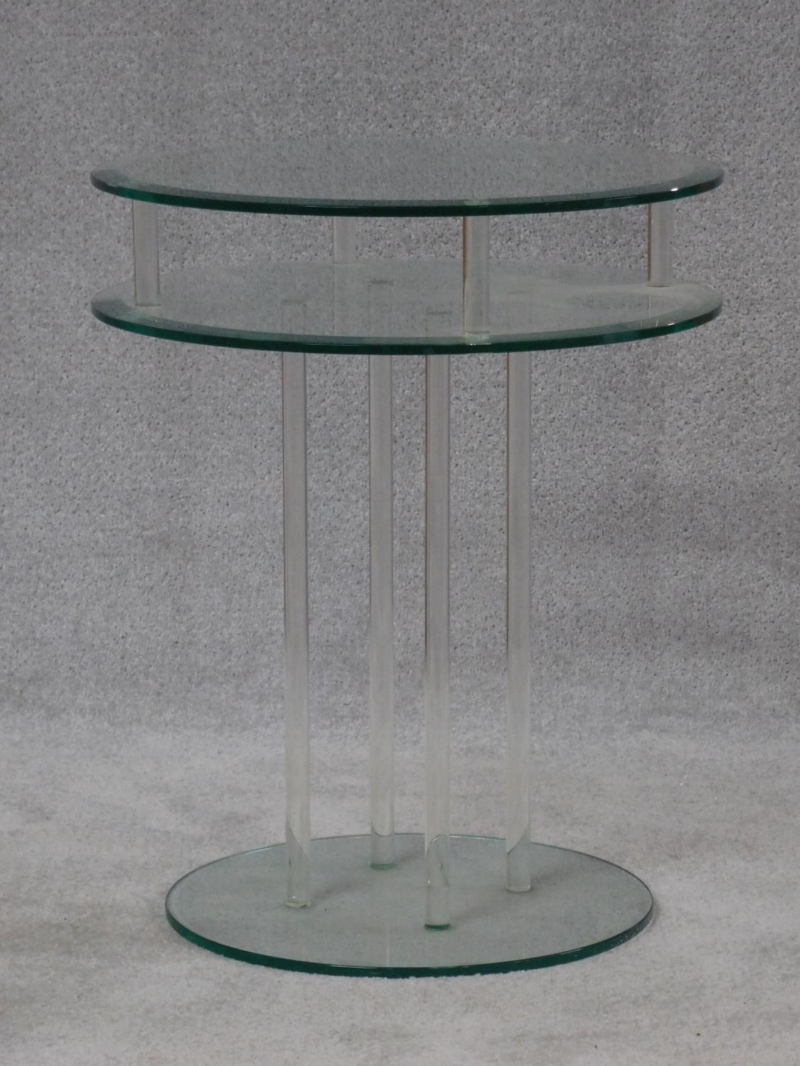 A two tier pedestal occasional table with plate glass top and base on perspex supports. H.61 W.50 - Image 2 of 3
