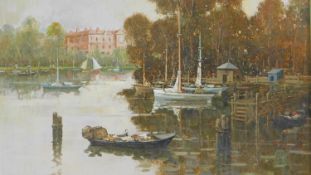 A gilt framed oil on canvas, moored sailing boats, indistinctly signed bottom right, signed and