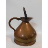 A 19th century copper four gallon brewer's jug with hinged carrying handle. 55x53cm