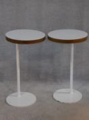 a pair of metal framed occasional tables with sliding opaque glass tops. H.63 W.36 D.36cm