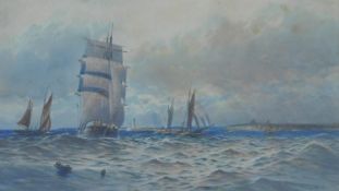 A framed and glazed watercolour, tall ships at sea, indistinctly signed (possibly W.T.N. Boyce), and