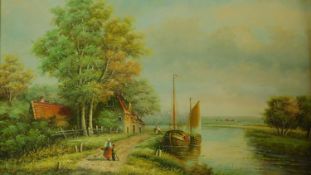 A gilt framed oil on board, figures on a path by a river, monogrammed R.T. 64x74cm