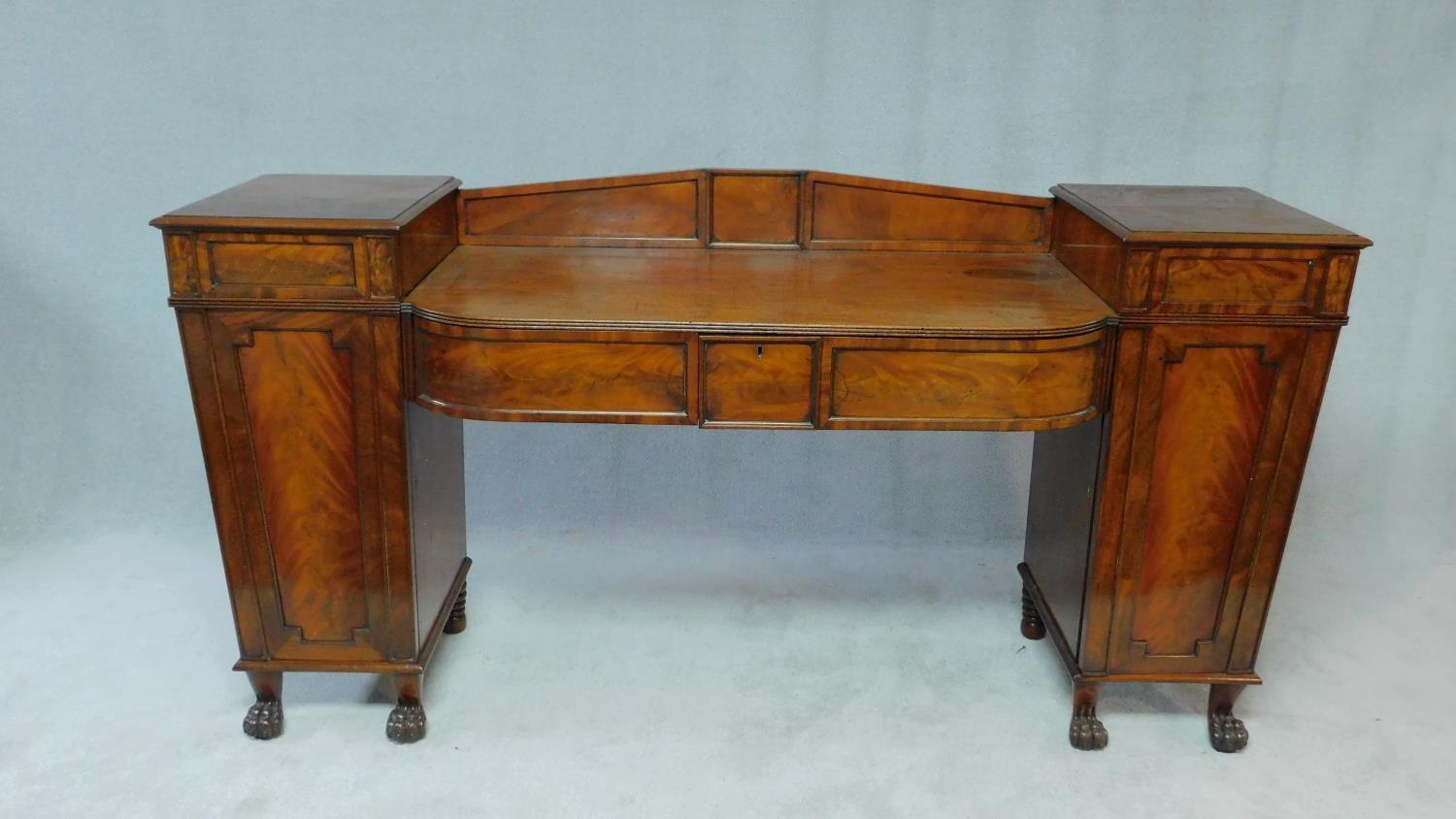 A Regency flame mahogany dwarf sideboard the sunken central section fitted with frieze drawer - Image 2 of 9