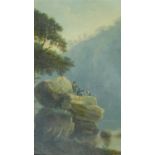 A 19th century framed oil on board, anglers on a rocky overhang, label and inscription verso,