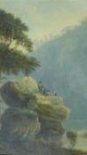 A 19th century framed oil on board, anglers on a rocky overhang, label and inscription verso,