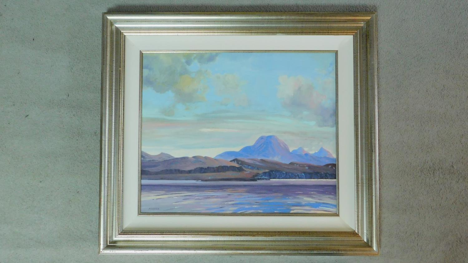 A framed oil on board, seascape with distant mountains, signed Roderick. 71x81cm - Image 2 of 4