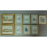 A collection of nine framed and glazed coloured lithographs, seven fashion designs, two depicting